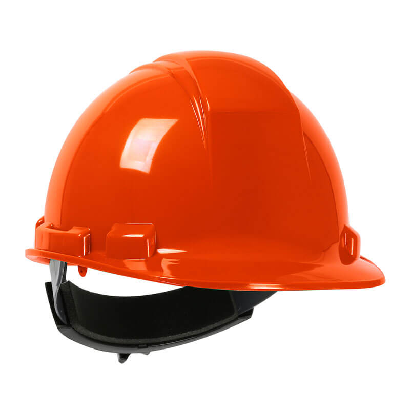 The PIP Whistler Cap Style Hard Hat 280-HP241R by PIP is shown in Hi-Viz Orange polyethylene, with a black ratchet strap, viewed from the side against a white background.