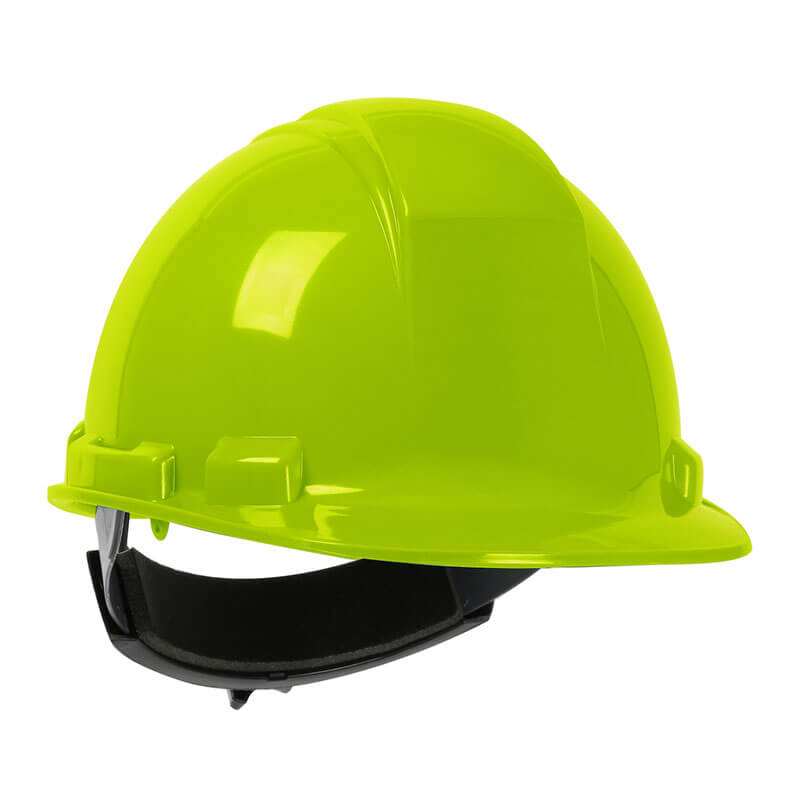 The PIP Whistler Cap Style Hard Hat 280-HP241R by PIP is a hi-viz yellow hard hat made from high density polyethylene with a black ratchet-adjustable headband, shown on a white background. Available in cases of 12.