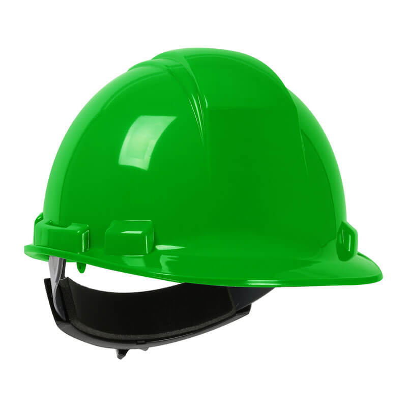 Lime PIP Whistler Cap Style Hard Hat 280-HP241R, featuring high density polyethylene, a ratchet adjustment, and adjustable black chin strap, shown from the side against a white background.