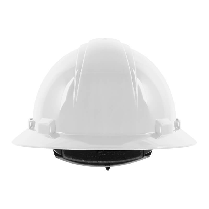 The PIP Dynamic Kilimanjaro Full Brim Hard Hat 280-HP641R, manufactured by PIP - Protective Industrial Products, is presented from the front. This white hard hat features a durable HDPE shell with a smooth, glossy surface and reinforced ridges. It includes a convenient wheel ratchet adjustment system and is displayed against a plain white background.