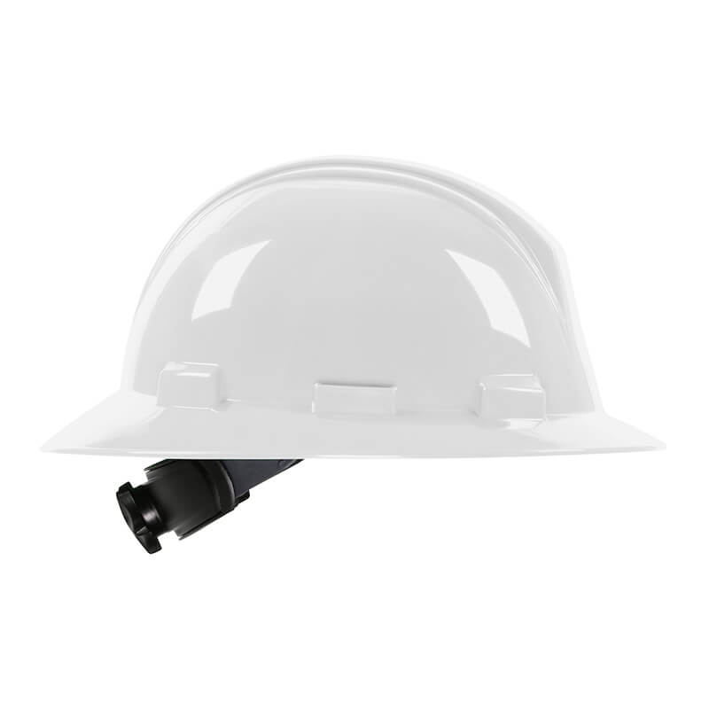 The PIP Dynamic Kilimanjaro Full Brim Hard Hat 280-HP641R, part of the Protective Industrial Products (PIP) brand, is depicted from a front angle. It features a white finish with a black adjustable strap and an HDPE shell, complemented by a smooth and reflective surface with a convenient wheel ratchet adjustment for an ideal fit.