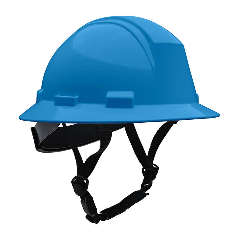 The PIP Kilimanjaro Type II Safety Helmet with Mips (280-HP642RM-CH) by PIP is shown in sky blue with a chin strap, meeting ANSI standards, displayed on a white background.