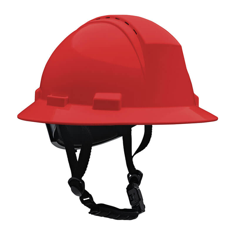 The PIP Kilimanjaro Type II Vented Helmet with Mips (280-HP642RVM-CH) is a red, full-brim safety helmet from PIP, featuring vents and an adjustable black chin strap, displayed against a white background.