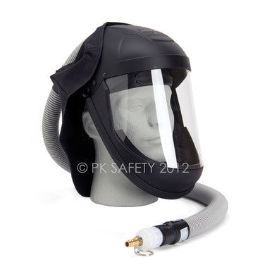 The Allegro Economy Supplied Air Face Shield with Low Pressure Adapter from PK Safety Supply, displayed on a mannequin head, features a clear face shield and an air hose for ventilation or respiratory support. This product offers optimal protection and comfort, making it an essential addition to your collection of respirators.