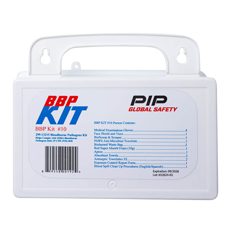 The PIP Bloodborne Pathogens Kit 299-13215 is an OSHA compliant first aid kit by PIP, featuring gloves, masks, towels, and cleanup supplies for safe biohazard protection.