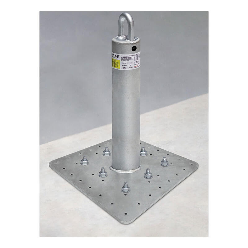 The Frontline Multifunction Commercial Roof Anchor by Frontline Fall Protection is a hot dip galvanized ASTM rated steel anchor with a vertical post, mounting plate, and multiple bolts for tie-off or fall protection, shown on a light surface.