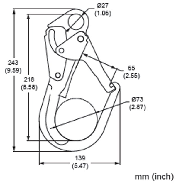 Technical drawing of the French Creek Production Steel Locking Rebar Snaphook Z136 for fall protection, showing dimensions in mm and inches. Key measurements (height, widths, diameters) per ANSI Z359 standards are labeled.
