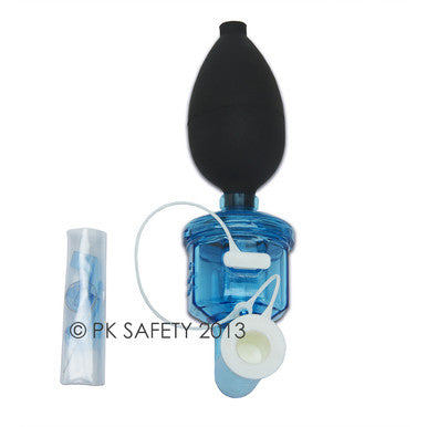 The Allegro Bitrex Respirator Fit Test Kit 2041 by Allegro is a blue and black hand-powered fit tester with white and clear tubing, designed for N95 respirator fit testing, shown on a white background.