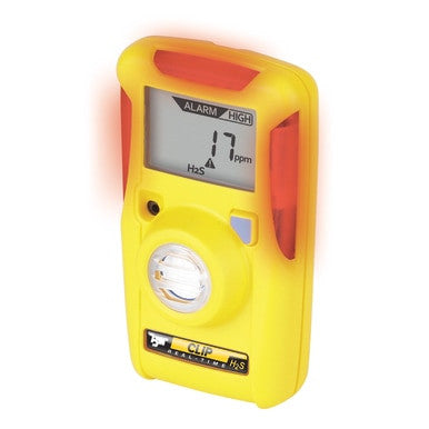 The BW Clip Real Time 2 Year H2S Detector 5-10 ppm BWC2R-H510, offered by PK Safety Supply, shows a hydrogen sulfide reading of 17 ppm with its yellow display. The screen lights up with "ALARM HIGH" and red indicators on the sides to ensure immediate attention to potential danger.