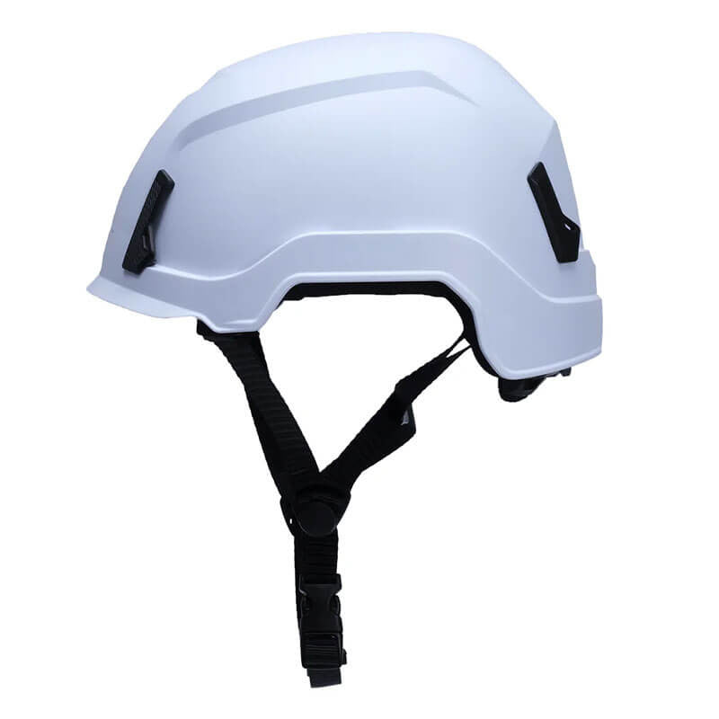 Side view of the Pyramex SL T2 Safety Helmet by Pyramex Safety, featuring a white lightweight shell with impact absorption and a black adjustable chin strap.