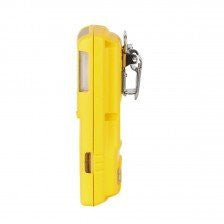 Side view of a yellow BW Honeywell GasAlert MicroClip XL Multi-Gas Monitor (MCXL-XWHM-Y-NA) featuring a small screen and a silver clip on the side. This 4 Gas Confined Space Monitor from BW Honeywell is displayed against a white background.