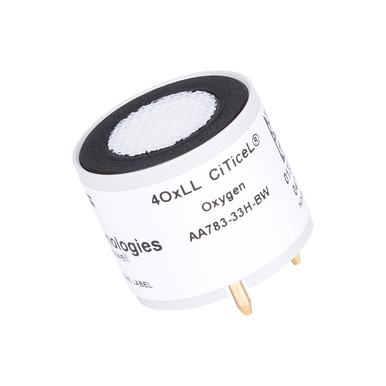 The image displays a cylindrical sensor designed for GasAlert MicroClip X3 gas monitors, showcasing a black top with a mesh-like surface and gold connectors at the base. The white label indicates "4OxLL CiTiceL Oxygen AA78-33H-BW." This is the BW Technologies GasAlert MicroClip X3 Replacement O2 Sensor SR-X3P by BW Honeywell.