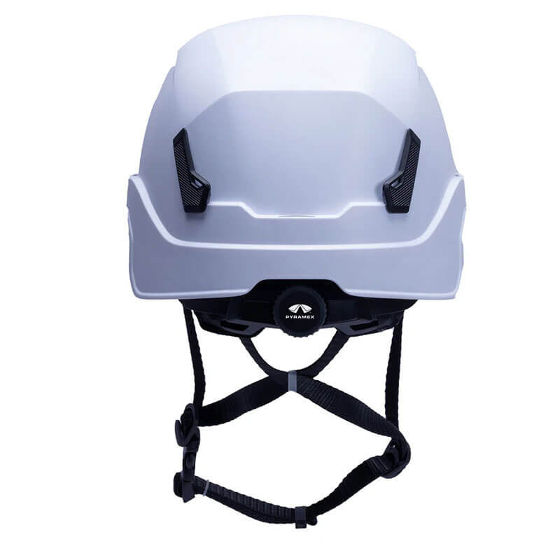 The Pyramex SL T2 Safety Helmet by Pyramex Safety features a lightweight white shell with black adjustable chin straps and side ventilation slots. Designed for protection, it offers impact absorption, making it suitable for construction or outdoor activities. A logo is included.