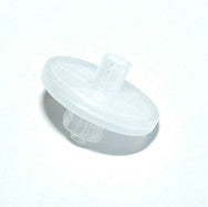 Displayed against a white background is one of the small, round, transparent plastic discs from the RAE Systems Water Trap External Filter 10/Pack (008-3022-010). Featuring a short cylindrical extension at its center, it resembles a part from a gas monitor or water trap filter. This item appears to be crafted from PTFE Teflon and serves as either a filter or valve.