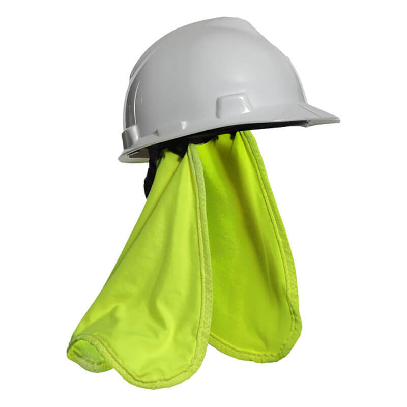 The NSA DRIFIRE FR Cooling Neck Shade FRHVSHADE features bright yellow, flame-resistant flaps attached to a white hard hat, protecting the neck from the sun and providing evaporative cooling for comfort.