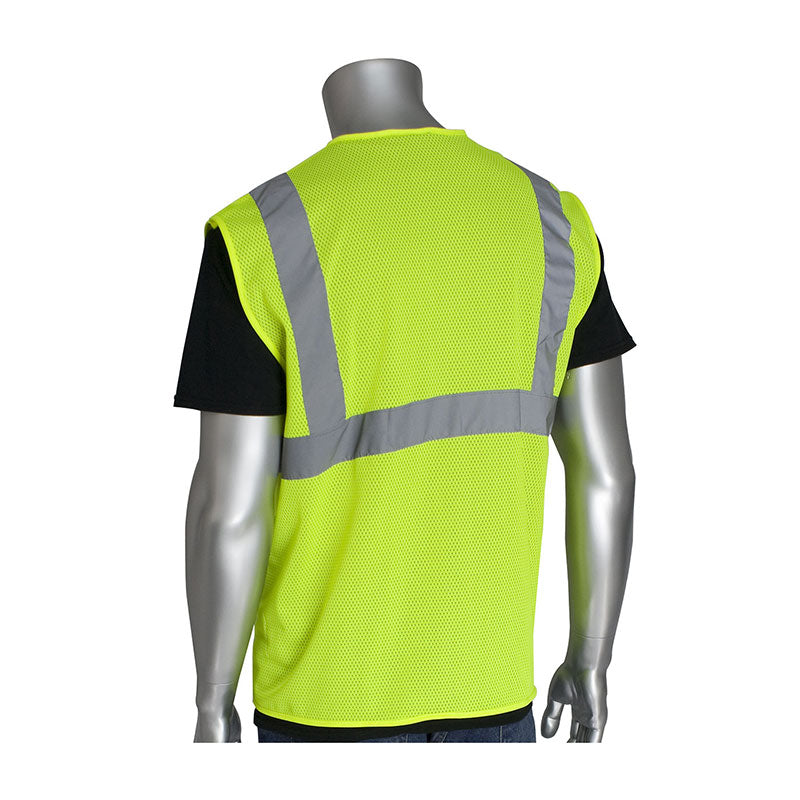 A mannequin displays the PIP Type R Class 2 Two-Tone Value Mesh Vest 302-MVG in neon yellow with reflective gray stripes over a black T-shirt, shown from behind against a white background. Brand: PIP.