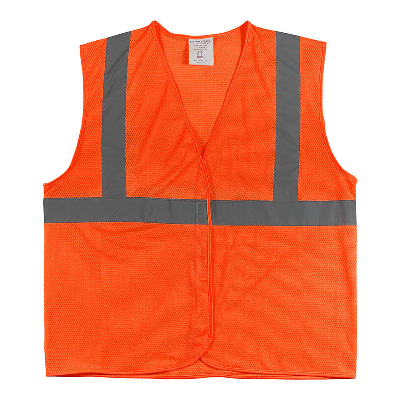 The PIP Type R Class 2 Two-Tone Value Mesh Vest 302-MVG, an orange sleeveless ANSI Class 2 safety vest with horizontal and vertical gray reflective stripes, is displayed flat on a white background.