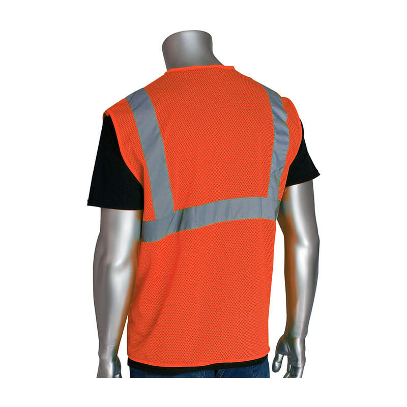 A mannequin is shown from the back, wearing a black shirt and a PIP Type R Class 2 Two-Tone Value Mesh Vest 302-MVG, an orange high visibility vest with reflective gray stripes by PIP.