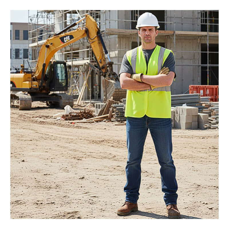 A construction worker in a white hard hat, gray shirt, blue jeans, work boots, and a PIP Class 2 Solid Fabric Reflective Safety Vest 302-WCENGLY stands with arms crossed at a building site with an excavator and unfinished structure in the background.