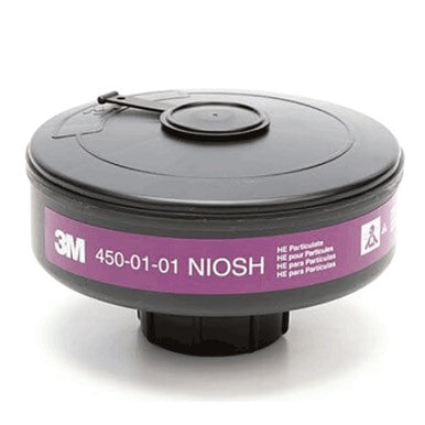 A black 3M Powerflow HE SP3 Particulate Filter 450-01-01R20, offered by PK Safety Supply and equipped with a purple label, is NIOSH-approved for use in respirators. This round and flat filter cartridge features a central cap and connection port on the bottom, making it ideal for integration with Powered Air Purifying Respirators (PAPR), providing optimal respiratory protection.