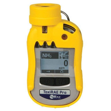 The RAE Systems ToxiRAE Pro NH3 Single Gas Detector (G02-B810-100) is a yellow and gray handheld device displaying "NH₃" and "0 ppm," featuring several buttons and a digital screen for ammonia gas level readings.