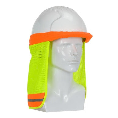 The PIP FR Treated Hi-Vis Hard Hat Neck Shade 396-700FR-YEL is a white safety helmet accessory featuring neon yellow mesh and an orange brim band. Equipped with two gray reflective stripes, it’s made from high visibility fabric and displayed on a white mannequin head, making it essential for any worksite.