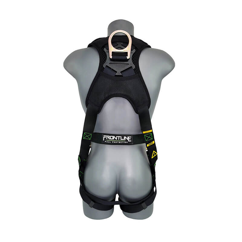 A mannequin displays the Frontline Patriot Vest Harness with Airflo by Frontline Fall Protection, featuring "FRONTLINE" on a label and a large metal ring at the upper back for attachments.
