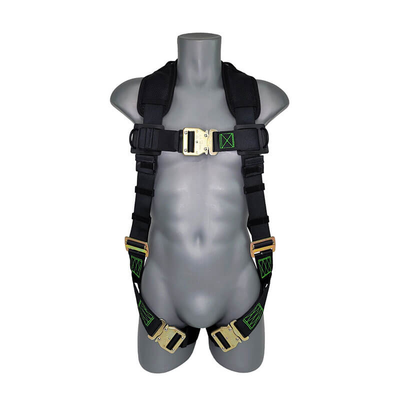 A gray torso mannequin displays the Frontline Fall Protection Frontline Patriot Vest Harness with Airflo and quick connect buckles, gold hardware, green stitching, padded shoulder straps, breathable Airflo padding, and multiple adjustment points.