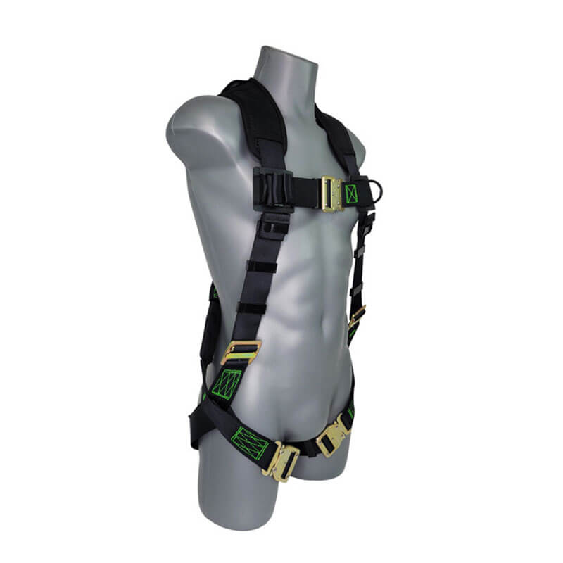 A gray, headless mannequin torso is fitted with a Frontline Fall Protection Patriot Vest Harness with Airflo and quick connect. The black harness features green stitching, yellow buckles, and adjustable shoulder, chest, and thigh straps.