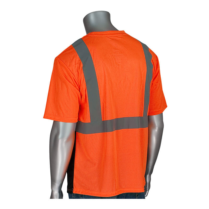 A mannequin showcases the PIP Class 2 UV Black Bottom Crew Neck T-Shirt 312-1250B-OR, made from moisture-wicking polyester. This orange safety shirt, by PIP, has gray reflective "H" pattern stripes on the back and short sleeves for enhanced visibility and comfort.