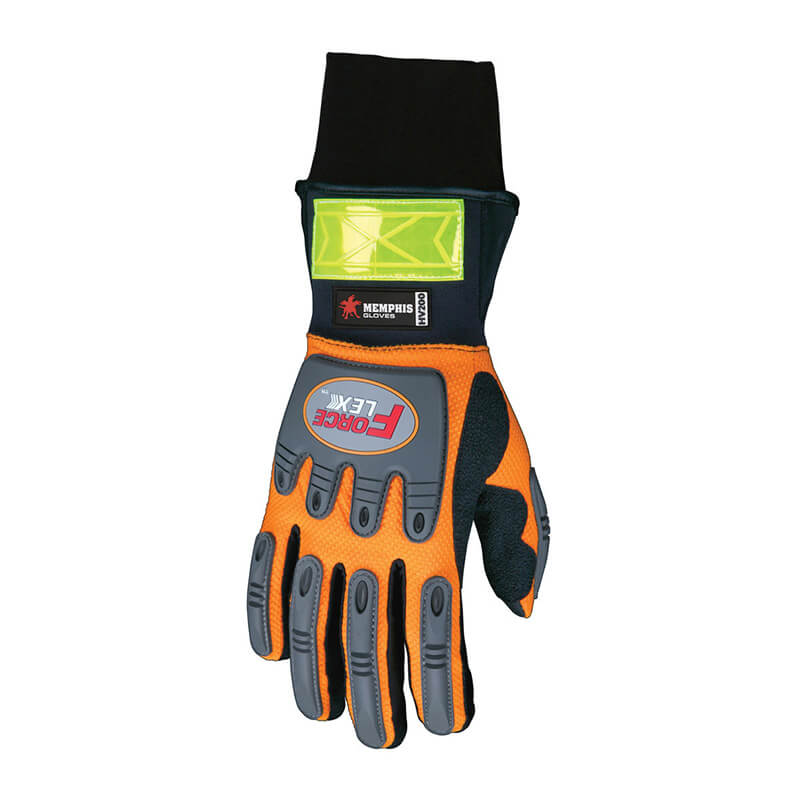 A single MCR Memphis Forceflex Cold Weather Work Glove HV200 by MCR Safety, featuring orange and black colors, rubber padding, a reflective yellow wrist patch for visibility, and logos on the back.