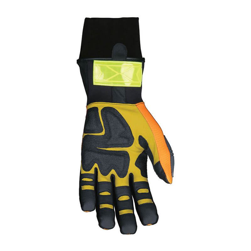 The MCR Safety Memphis Forceflex Cold Weather Work Glove HV200 features yellow and black padding, orange accents, a reflective wrist strip, and reinforced fingers for safety and metacarpal protection in tough job conditions.