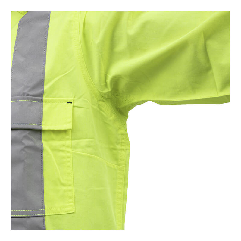 Close-up of the PIP Bisley Women's Vented Work Shirt w/Navy Bottom 312W6367H, showing the left sleeve and armpit area. This high-visibility neon yellow shirt features a reflective gray stripe, front pocket, and ANSI Type R Class 2 compliance.