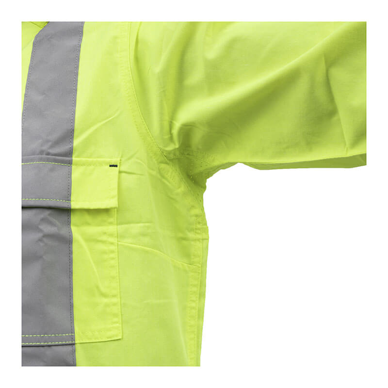 Close-up of the PIP Bisley Vented Work Shirt w/Navy Bottom 312M6367H showing its bright yellow-green hi-visibility design with gray reflective strips, focusing on the left side's pocket and sleeve.