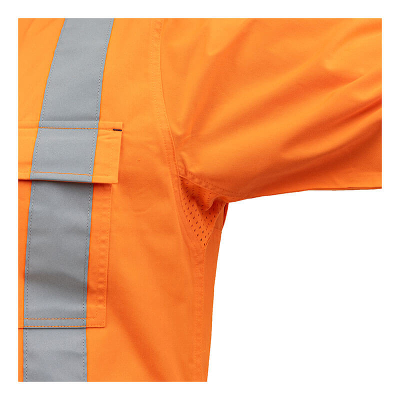 Close-up of the PIP Bisley Women's Vented Work Shirt w/Navy Bottom 312W6367H, featuring orange high-visibility fabric, gray reflective strip, chest pocket, armpit ventilation holes, and ANSI Type R Class 2 compliance.