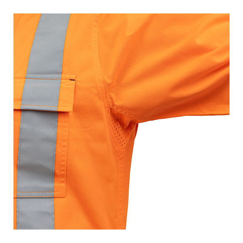 A close-up of the PIP Bisley Vented Work Shirt w/Navy Bottom 312M6367H in orange, showing its gray reflective tape on the sleeve pocket. This hi-vis apparel zooms in on arm details, focusing on fabric design for enhanced safety.