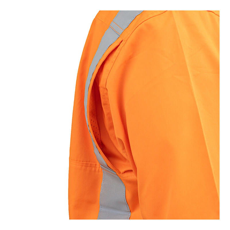 A close-up of an orange PIP Bisley Women's Vented Work Shirt w/Navy Bottom 312W6367H with a silver reflective stripe, showing a side ventilation opening under the arm. Complies with ANSI Type R Class 2 standards.