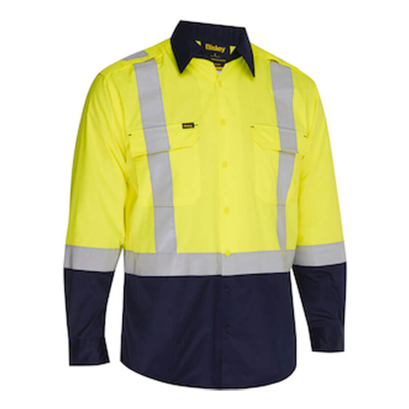 The PIP Bisley Vented Work Shirt w/Navy Bottom 312M6367H is a hi-viz yellow long-sleeve shirt featuring reflective silver stripes, a contrasting navy bottom and collar, moisture-wicking fabric, and two chest pockets with button flaps.