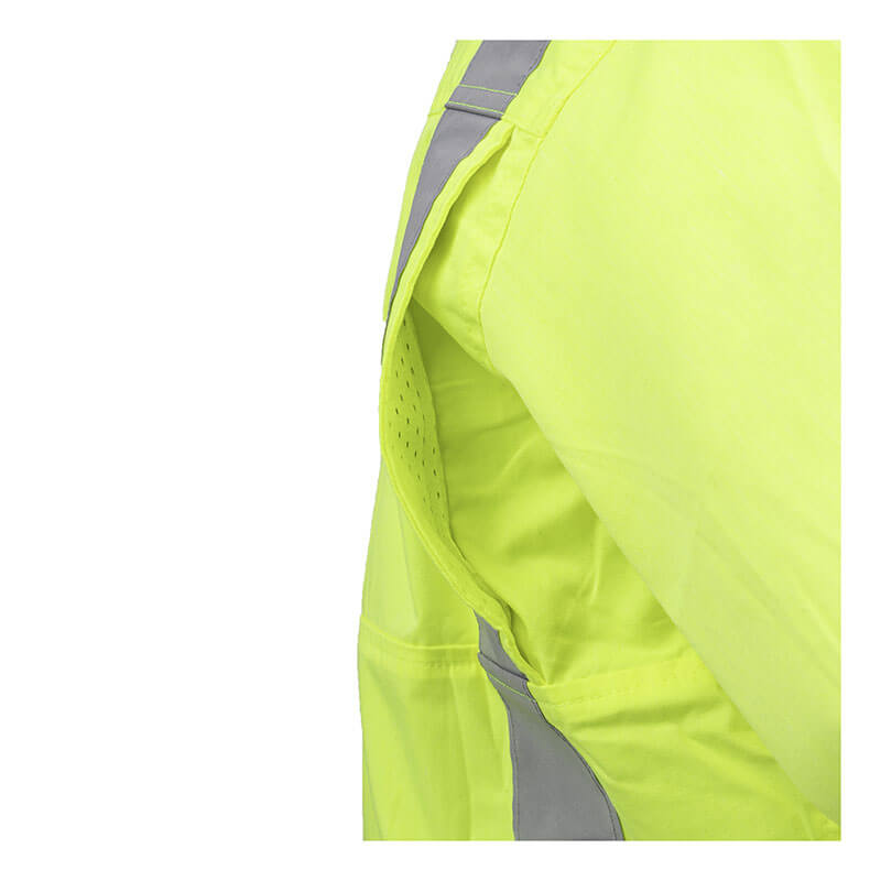 Close-up of the PIP Bisley Women's Vented Work Shirt w/Navy Bottom 312W6367H, featuring side vertical mesh ventilation and gray reflective strip. Shown from the side on white. ANSI Type R Class 2 compliant. Brand: PIP.