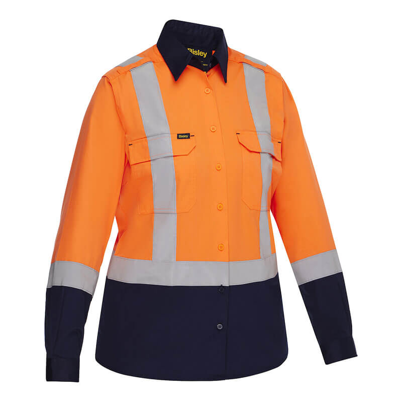 The PIP Bisley Women's Vented Work Shirt w/Navy Bottom 312W6367H features hi-viz orange and navy colors, reflective silver stripes, and meets ANSI Type R Class 2 standards for safety and comfort. Brand: PIP.