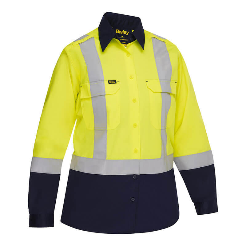 The PIP Bisley Women's Vented Work Shirt w/Navy Bottom 312W6367H features hi-viz yellow, navy sleeves and torso, silver reflective stripes, two chest pockets, and meets ANSI Type R Class 2 standards. Brand: PIP.