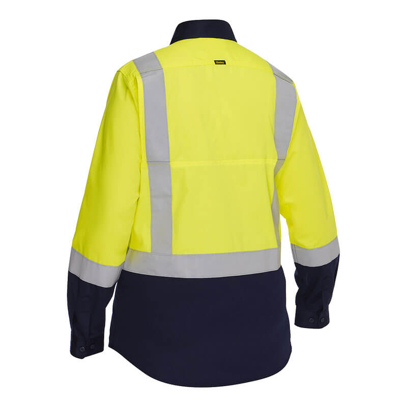 Back view of the PIP Bisley Women's Vented Work Shirt w/Navy Bottom 312W6367H: bright yellow top, reflective silver stripes, navy lower sleeves and bottom. PIP brand. ANSI Type R Class 2 high-visibility compliant.
