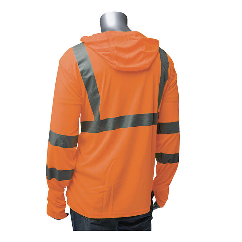 A mannequin wears the PIP Type R Class 3 Quick Dry Hooded Long Sleeve Shirt 313-1323, an orange hi-vis jacket with reflective silver stripes on the back, sleeves, and shoulders. Made from quick dry polyester by PIP, it is shown from behind.