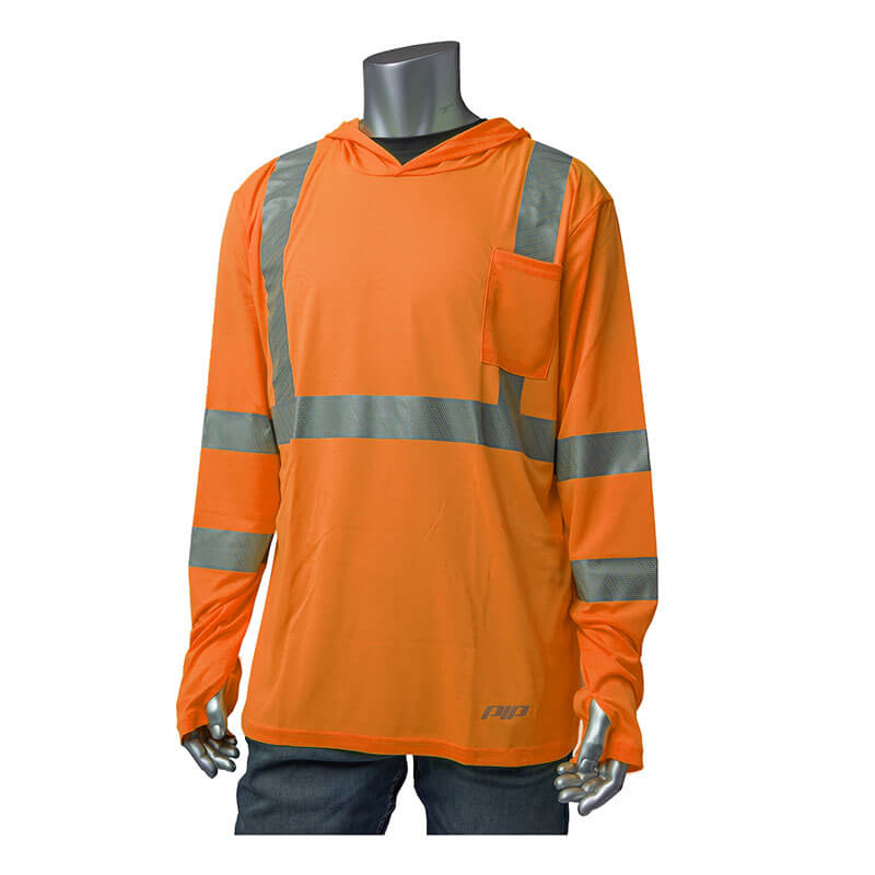 A mannequin wears the PIP Type R Class 3 Quick Dry Hooded Long Sleeve Shirt 313-1323 in Hi-Vis Orange, featuring reflective silver stripes, a hood, and chest pocket. Made from quick dry polyester for comfort and durability.