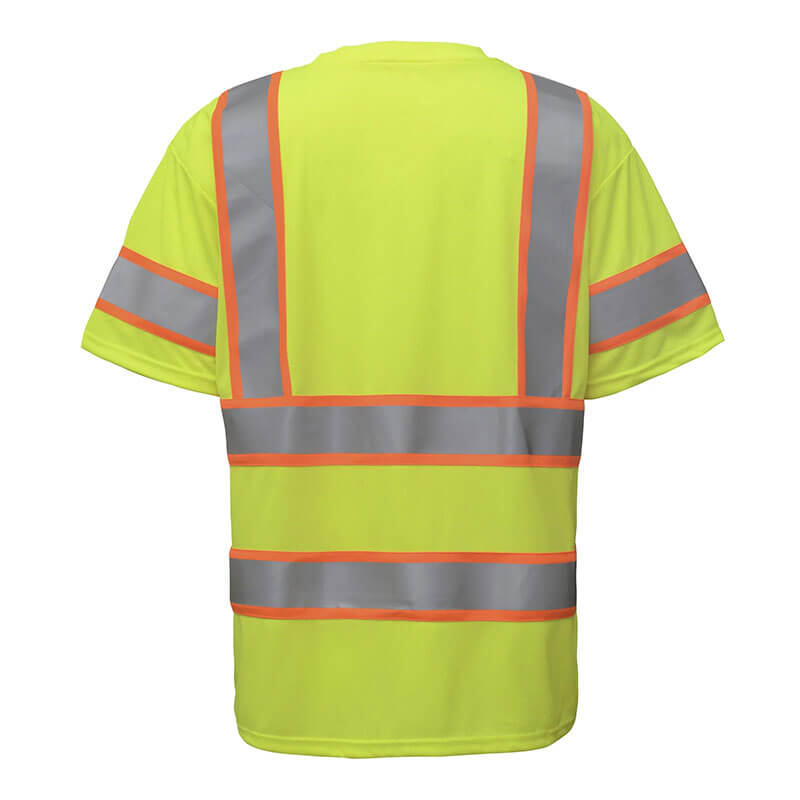 The PIP ANSI Type R Class 3 Two-Tone T-Shirt 313-CNTSP is a hi-vis yellow tee with gray and orange reflective stripes, shown from the back. Meets ANSI Type R Class 3 standards. Brand: PIP.