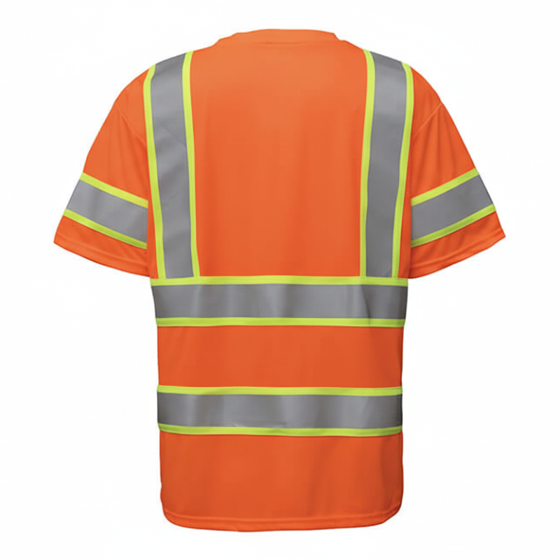The PIP ANSI Type R Class 3 Two-Tone T-Shirt 313-CNTSP is an orange hi-vis workwear shirt with yellow and gray reflective stripes on the back, shoulders, and sleeves, meeting ANSI Type R Class 3 standards.