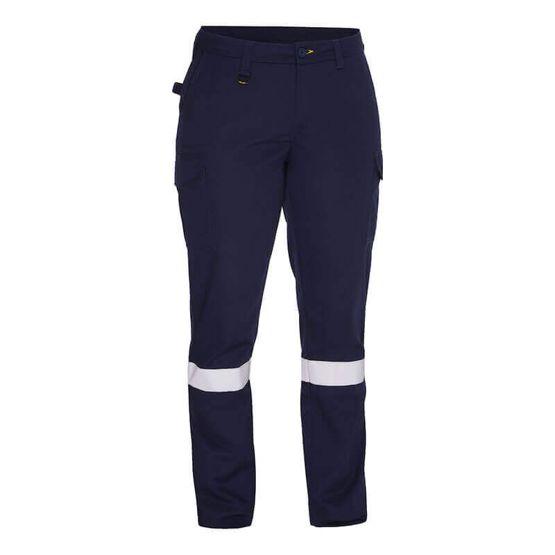 PIP Bisley Women's Lightweight Cargo Pants 318W6368T are navy blue, slim fit, with side pockets, belt loops, and a white reflective stripe on the lower legs for high visibility and added safety.