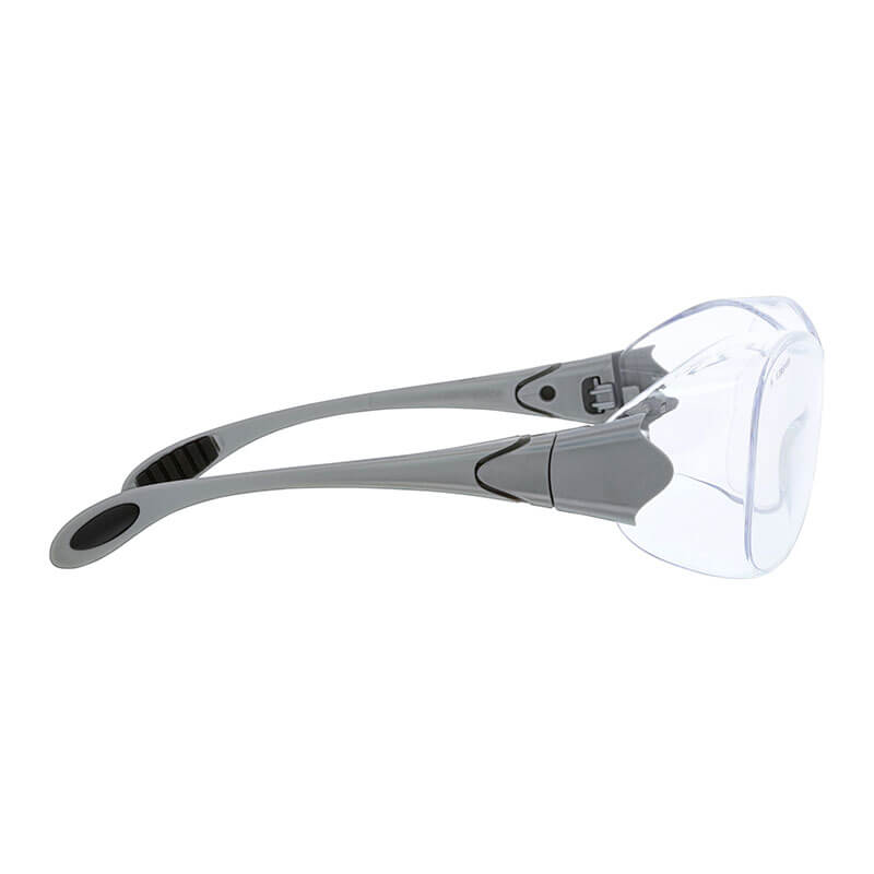 MCR Safety Law OTG Safety Glasses UV-AF Anti-Fog OG1 feature clear ANSI Z87.1 lenses and gray/black arms, shown in a side view on a white background (12 per box).