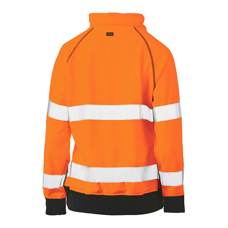 The PIP Bisley Women's Fleece Pullover Sweatshirt by PIP - Protective Industrial Products is a vibrant orange, high-visibility garment featuring two horizontal reflective tape stripes across the back and sleeves. Meeting ANSI Type R Class 2 standards, this sweatshirt also includes a high collar and black cuffs at the sleeves and waist for enhanced comfort and protection.