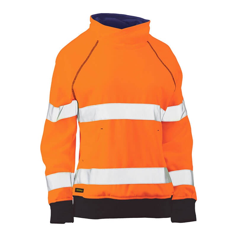 The PIP Bisley Women's Fleece Pullover Sweatshirt from Protective Industrial Products is a hi-vis orange high-visibility sweatshirt with white reflective tape stripes around the chest and arms. It features black cuffs and complies with ANSI Type R Class 2 standards, ensuring safety without any visible logo or branding.